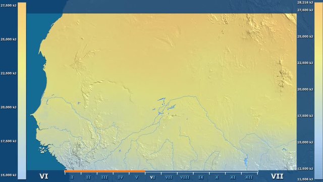 Solar radiation by month in the Mali area with animated legend - raw color shader. Stereographic projection