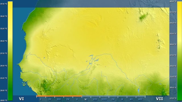 Average temperature by month in the Mali area with animated legend - raw color shader. Stereographic projection