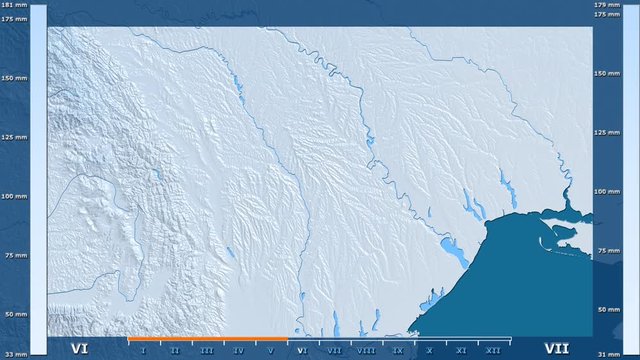 Precipitation by month in the Moldova area with animated legend - raw color shader. Stereographic projection