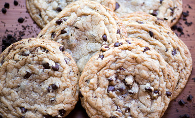 Chocolate chip cookies on a platter closeup
