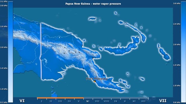 Water vapor pressure by month in the Papua New Guinea area with animated legend - English labels: country and capital names, map description. Stereographic projection