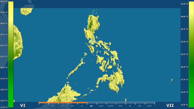 Maximum temperature by month in the Philippines area with animated legend - raw color shader. Stereographic projection
