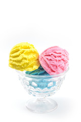 Scoops of Yellow Pink and Blue Ice Cream on a White Background