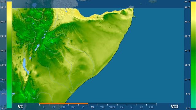 Average temperature by month in the Somalia area with animated legend - raw color shader. Stereographic projection