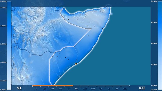 Water vapor pressure by month in the Somalia area with animated legend - glowing shape, administrative borders, main cities, capital. Stereographic projection