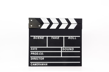 Black open clapper board isolated on white background