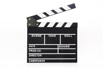 Black open clapper board isolated on white background