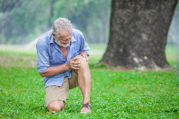Senior man sitting or flop falling  in autumn park and having knee pain. kneel Arthritis pain...
