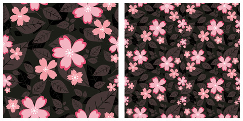 Seamless vector illustration background with cherry blossom flowers and leaves pattern.