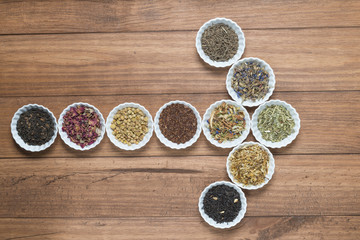 White bowls with different herbs for infusion.