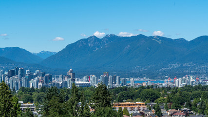 Wide panorama of Vancouver seen from above. Bright and sunny day.