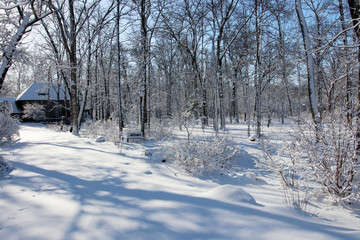 Beautiful winter rural landscape. Scenic view with private house in covered by fresh snow forest during sunrise. Wisconsin nature background.