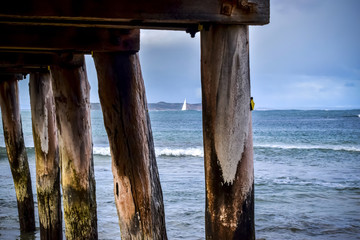 Looking through the wooden columns of the jetty.