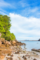 View of Koh ao bor thong lang beach, Bang Saphan Prachaup Khiri Khan landmark in Thailand. Tropical sea with ship and blue sky.