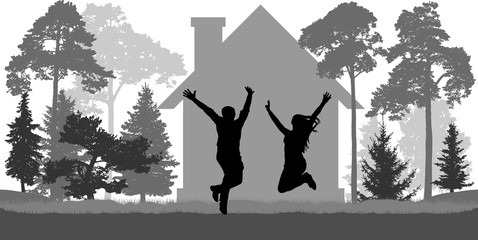 Young couple jumps near the house among trees. Love, freedom, independence. Vector