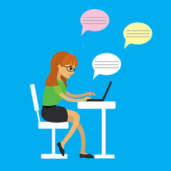 Cartoon beauty girl communicates via laptop,work at a computer