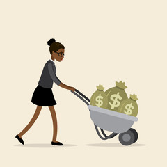 African american businesswoman rolls a wheelbarrow with money.