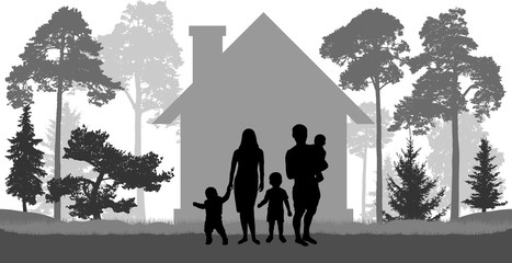Large family (man, woman and three children) is near the house in nature. Vector