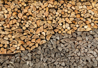 Stack of chopped firewood prepared for winter. wood background