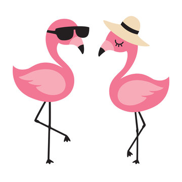 Vector illustration of cute flamingos wearing sunglasses and sun hat in summer.