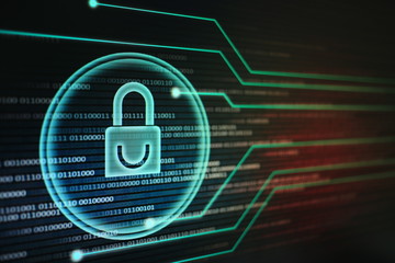 blue padlock symbol on blue and red binary code bit background. privacy and data security concept. one and zero number text on digital device screen display. protected from computer virus and malware 