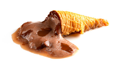 chocolate flavor ice cream cone melted on white background