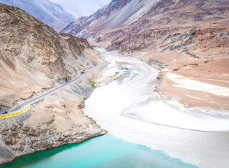 Two rivers are confluence at Zanskar Rivers, Leh Ladakh, India