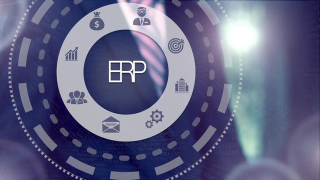 A businessman's hand selecting a ERP concept button on a futuristic computer screen.