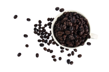 Coffee cup and beans on white background.