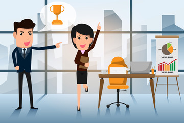 Obraz premium The boss is praising the employee for a successful job. business success character concept vector illustration.
