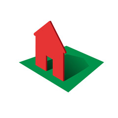 Vector logo house on the lawn, in red on green square