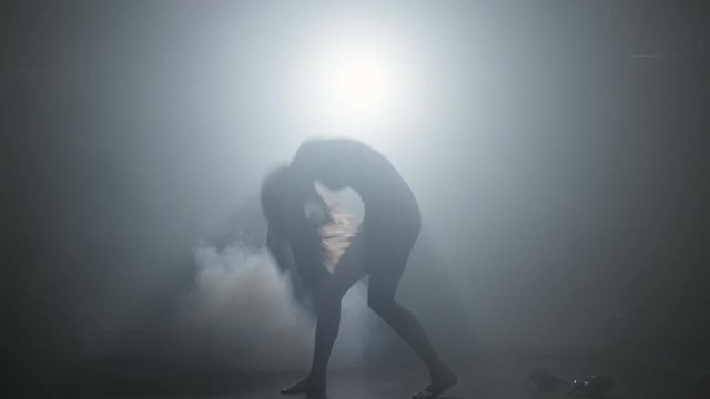 Silhouette of seductive slim woman performing passionate dance in dark studio filled with fog