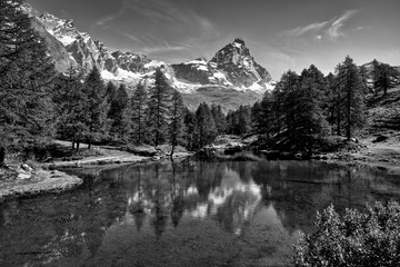 The blue lake and the Matterhorn, vintage landscape