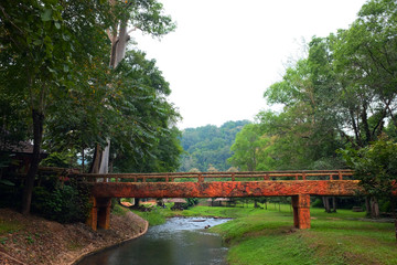 Beautiful nature forest with concrete bridge hanging bridge over the stream and mountain in Thailand