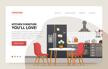 Dinner room design. Home furniture site banner. Kitchen moder design. Kitchen interior with furniture. Illustration slide for furniture website. © vivali