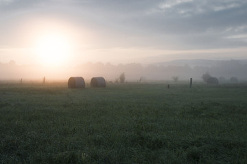 Strohballen im Nebel auf Feld