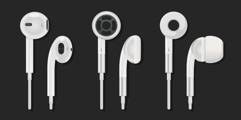 A set of whate headphones on a white background, with different sides. Different stereo headphones. Modern headphones of different types. Vector ESP 10