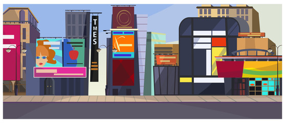 New York cityscape vector illustration. Modern city with different buildings and billboards. Big city concept