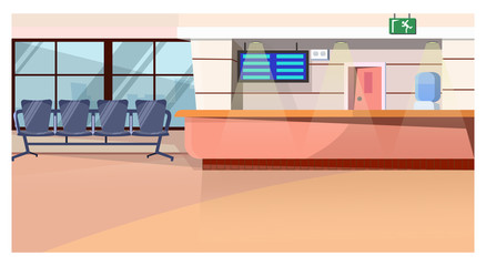 Waiting room with counter in airport vector illustration. Bright space with cooler, hanging screen and chairs in row. Airport concept