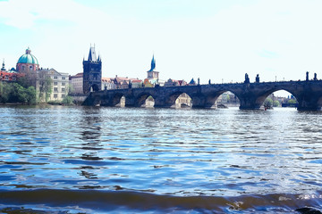 prague bridges river / panoramic tourist view czech republic capital. Landscape with bridges across...