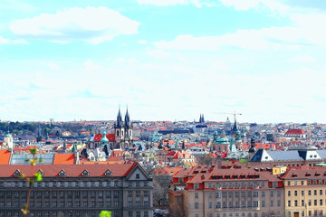 Obraz premium Prague view / panoramic landscape of the czech republic, Prague view with red roofs of houses from above, landscape in the European capital