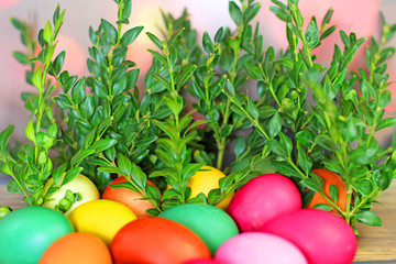 Easter eggs on wooden background