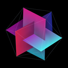 Abstract Interlocking Colorful Rectangles with Hexagonal Lines. Three Dimensional Symbol Design Isolated on Black Background. EPS10 Vector. - obrazy, fototapety, plakaty