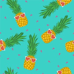 Pineapple with sunglasses and triangles seamless pattern. Vector background.
