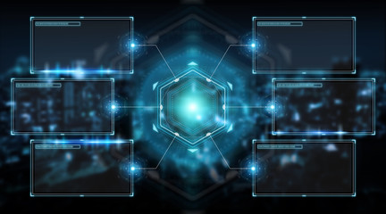 Digital screens interface with holograms datas 3D rendering