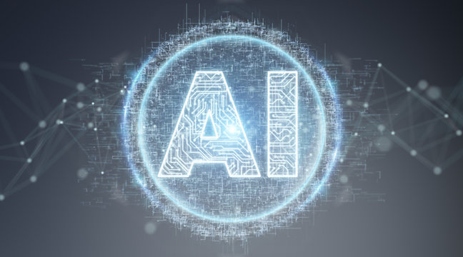 Digital artificial intelligence text hologram 3D rendering