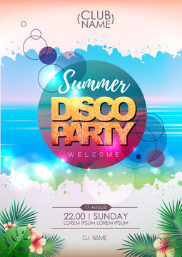 Summer party poster design on neon background