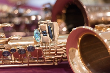 International jazz day and World Jazz festival. Saxophone, music instrument played by saxophonist player musician in fest.