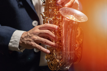 International jazz day and World Jazz festival. Saxophone, music instrument played by saxophonist...