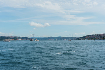 Panoramic view of Istanbul from the Bosphorus Strait.